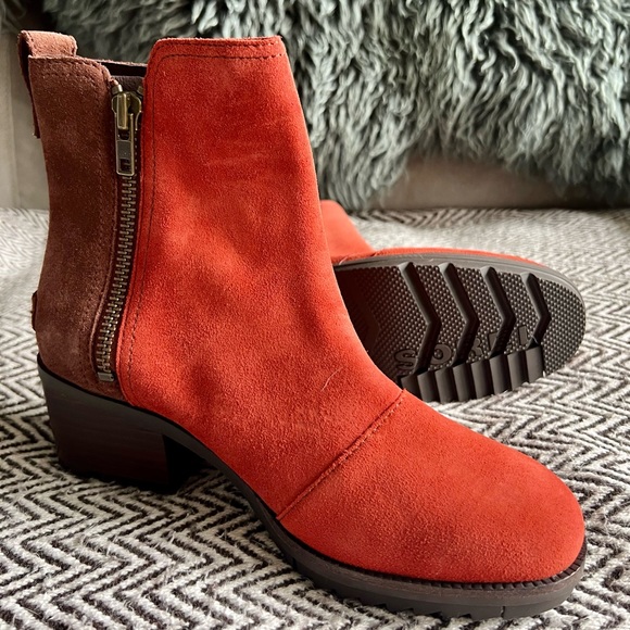 Sorel Cate Waterproof Suede Block Heel Bootie Red - Picture 10 of 13